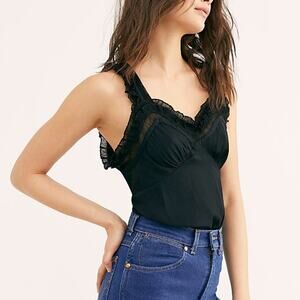 ree People Intimately Ooh Ahh Black Ruffle Lace Bodysuit Tie Back Romantic M